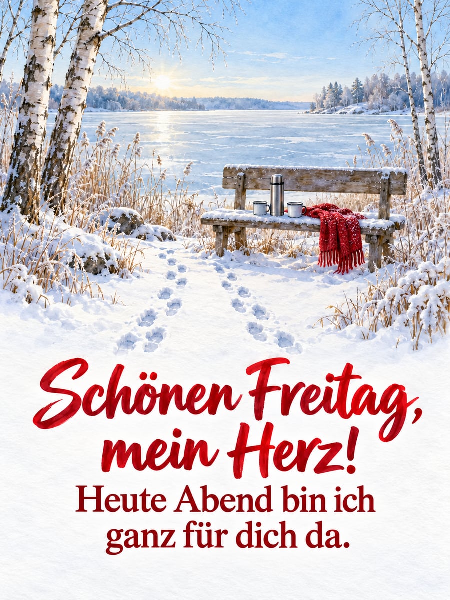 Guten-Morgen-Bild zum Freitag mit dem Text „Schönen Freitag, mein Herz!“ und „Heute Abend bin ich ganz für dich da.“ – Motiv: Eissee, Bank, Thermoskanne, Schal