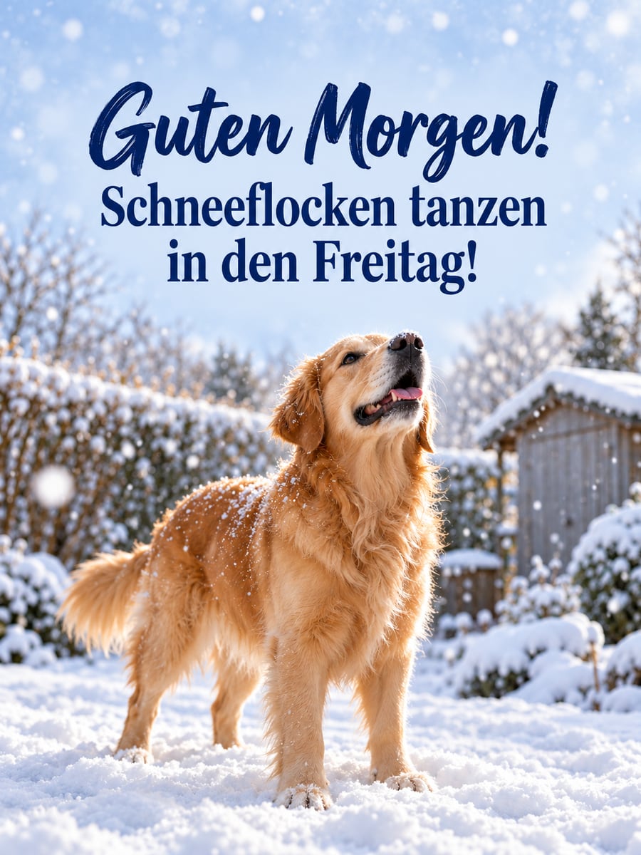 Guten-Morgen-Bild zum Freitag mit dem Text „Guten Morgen!“ und „Schneeflocken tanzen in den Freitag!“ – Motiv: Golden Retriever, Schneeflocken, Garten, Winter