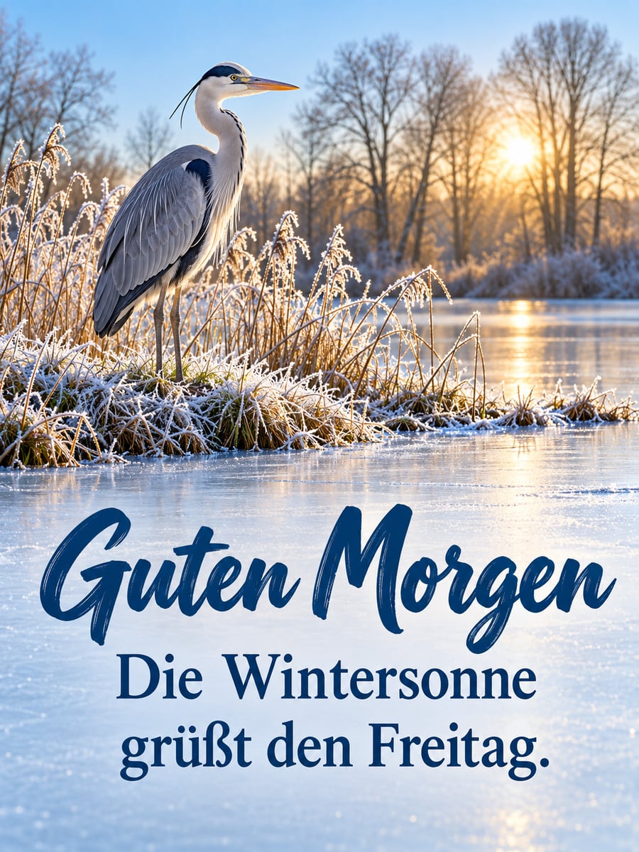 Guten-Morgen-Bild zum Freitag mit dem Text „Guten Morgen“ und „Die Wintersonne grüßt den Freitag.“ – Motiv: Graureiher, Raureif, Teich, Wintersonne