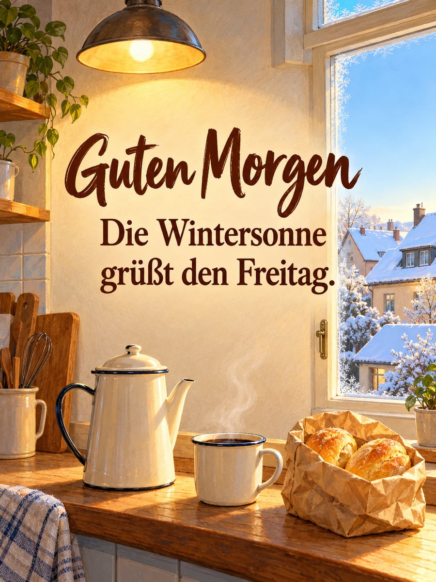 Guten-Morgen-Bild zum Freitag mit dem Text „Guten Morgen“ und „Die Wintersonne grüßt den Freitag.“ – Motiv: Küchenfenster, Kaffee, Brötchentüte, Wintermorgen