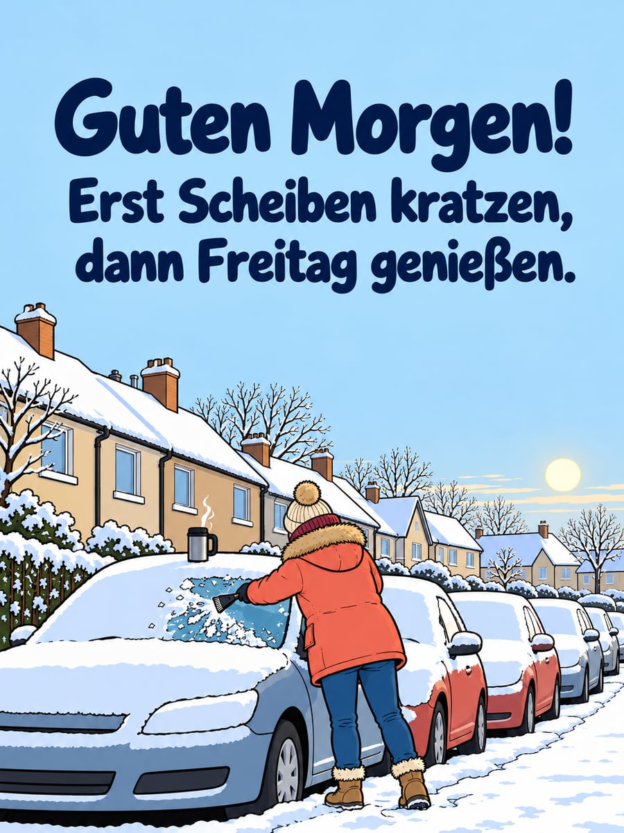 Guten-Morgen-Bild zum Freitag mit dem Text „Guten Morgen!“ und „Erst Scheiben kratzen, dann Freitag genießen.“ – Motiv: Eiskratzen, Autoscheibe, Raureif, Winter