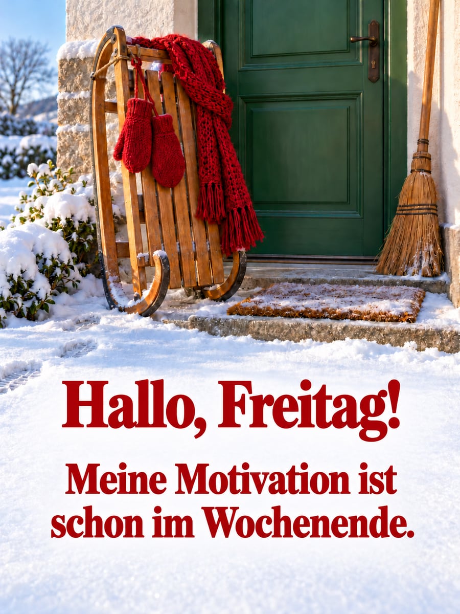Guten-Morgen-Bild zum Freitag mit dem Text „Hallo, Freitag!“ und „Meine Motivation ist schon im Wochenende.“ – Motiv: Schlitten, Haustür, Schal, Winter