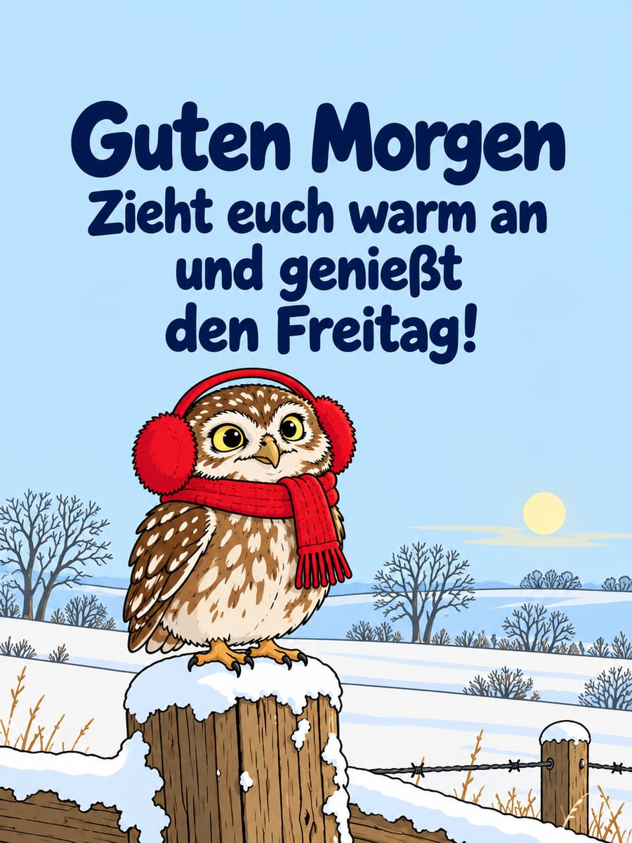 Guten-Morgen-Bild zum Freitag mit dem Text „Guten Morgen“ und „Zieht euch warm an und genießt den Freitag!“ – Motiv: Steinkauz, Ohrenschützer, Schnee, Winter