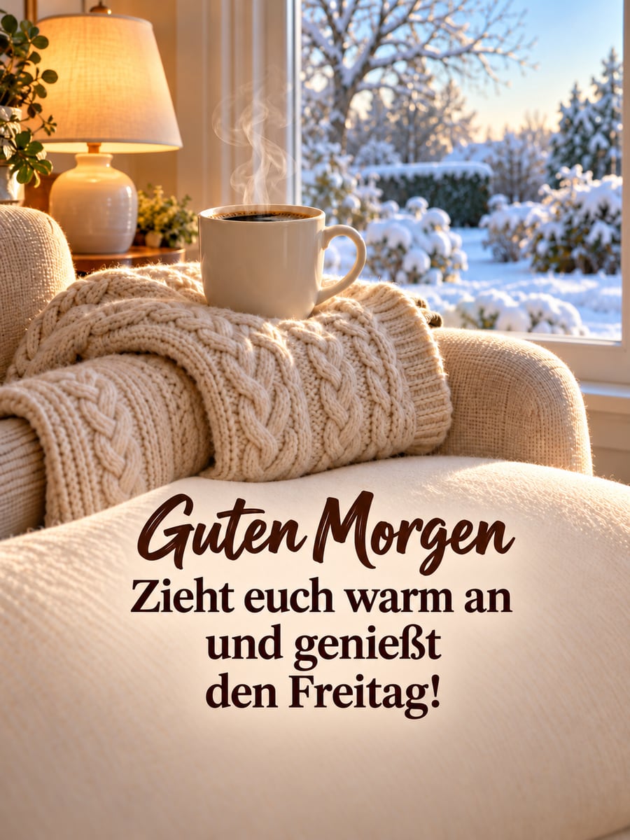 Guten-Morgen-Bild zum Freitag mit dem Text „Guten Morgen“ und „Zieht euch warm an und genießt den Freitag!“ – Motiv: Strickpullover, Kaffee, Lampe, Winter