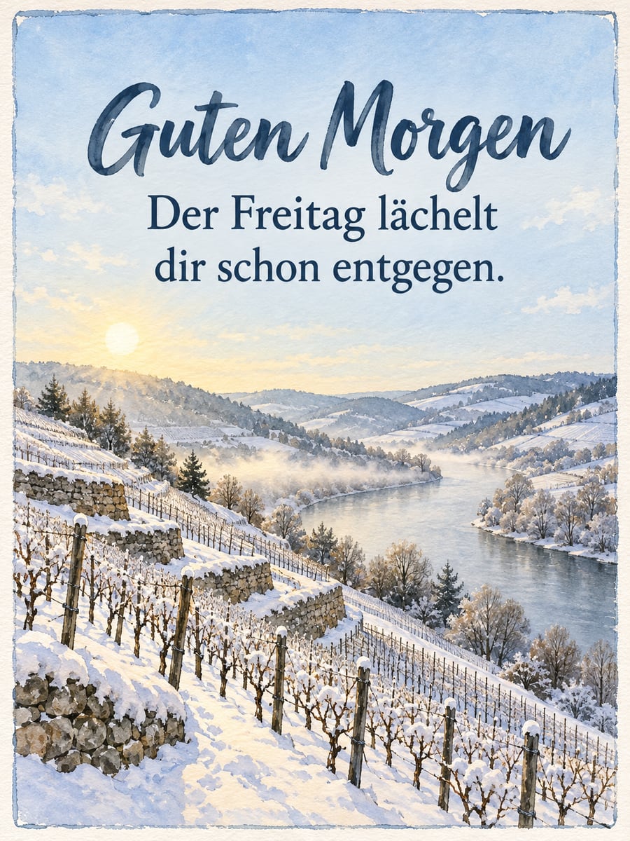 Guten-Morgen-Bild zum Freitag mit dem Text „Guten Morgen“ und „Der Freitag lächelt dir schon entgegen.“ – Motiv: Weinberg, Fluss, Schnee, Wintermorgen