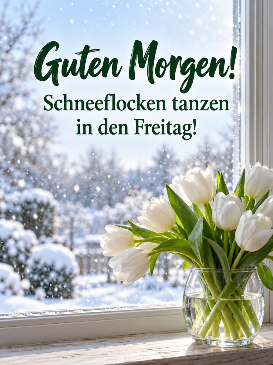 Guten-Morgen-Bild zum Freitag mit dem Text „Guten Morgen!“ und „Schneeflocken tanzen in den Freitag!“ – Motiv: Tulpen, Schneeflocken, Fensterbank, Winter