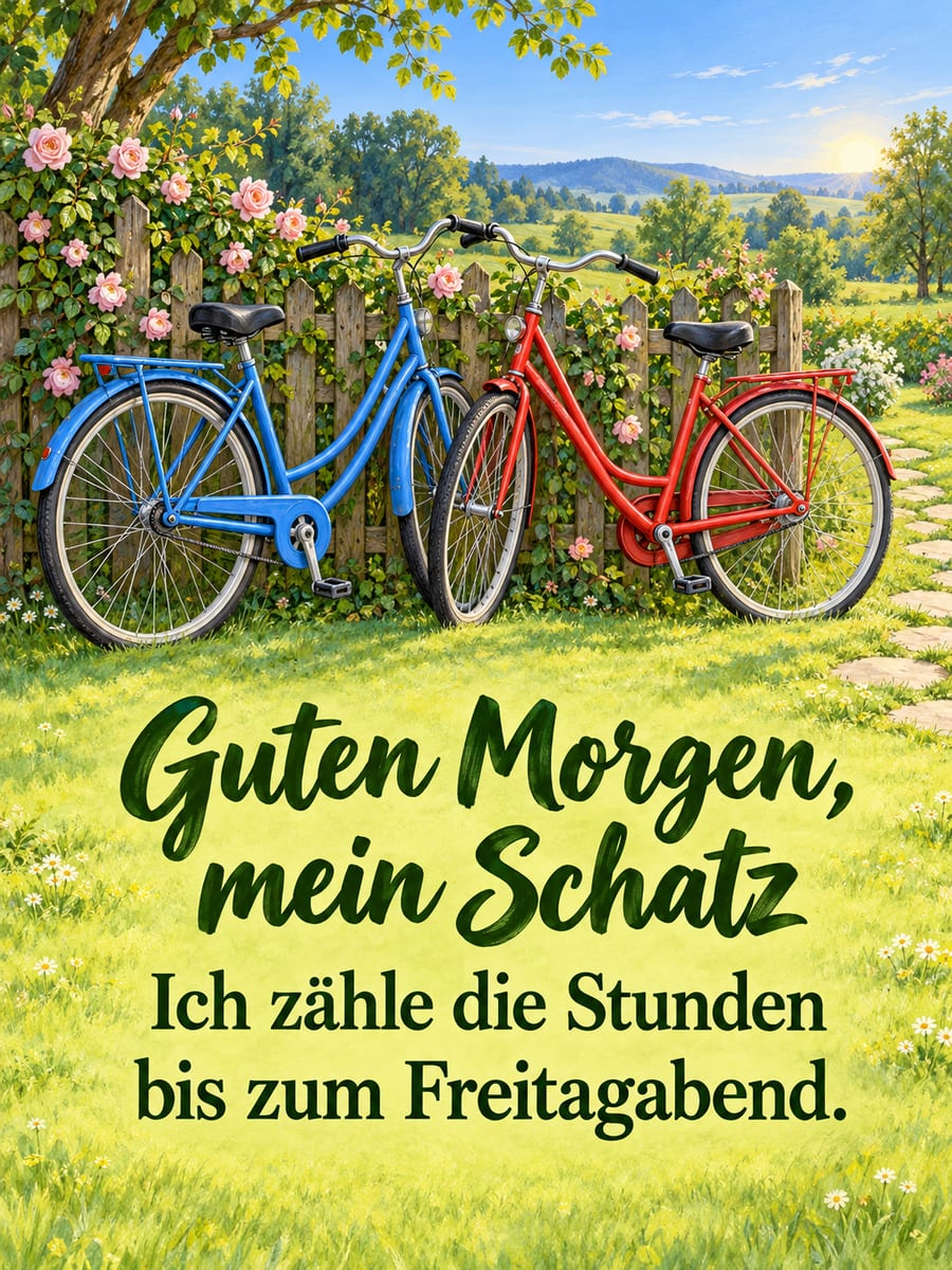 Guten-Morgen-Bild zum Freitag mit dem Text „Guten Morgen, mein Schatz“ und „Ich zähle die Stunden bis zum Freitagabend.“ – Motiv: Fahrräder, Gartenzaun, Kletterrose, Liebe