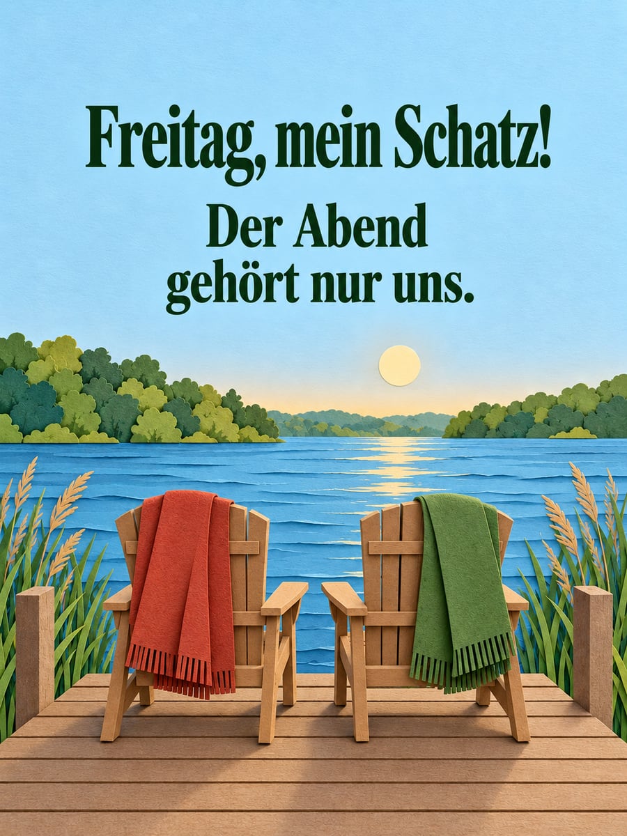 Guten-Morgen-Bild zum Freitag mit dem Text „Freitag, mein Schatz!“ und „Der Abend gehört nur uns.“ – Motiv: Steg, See, Stühle, Wolldecke