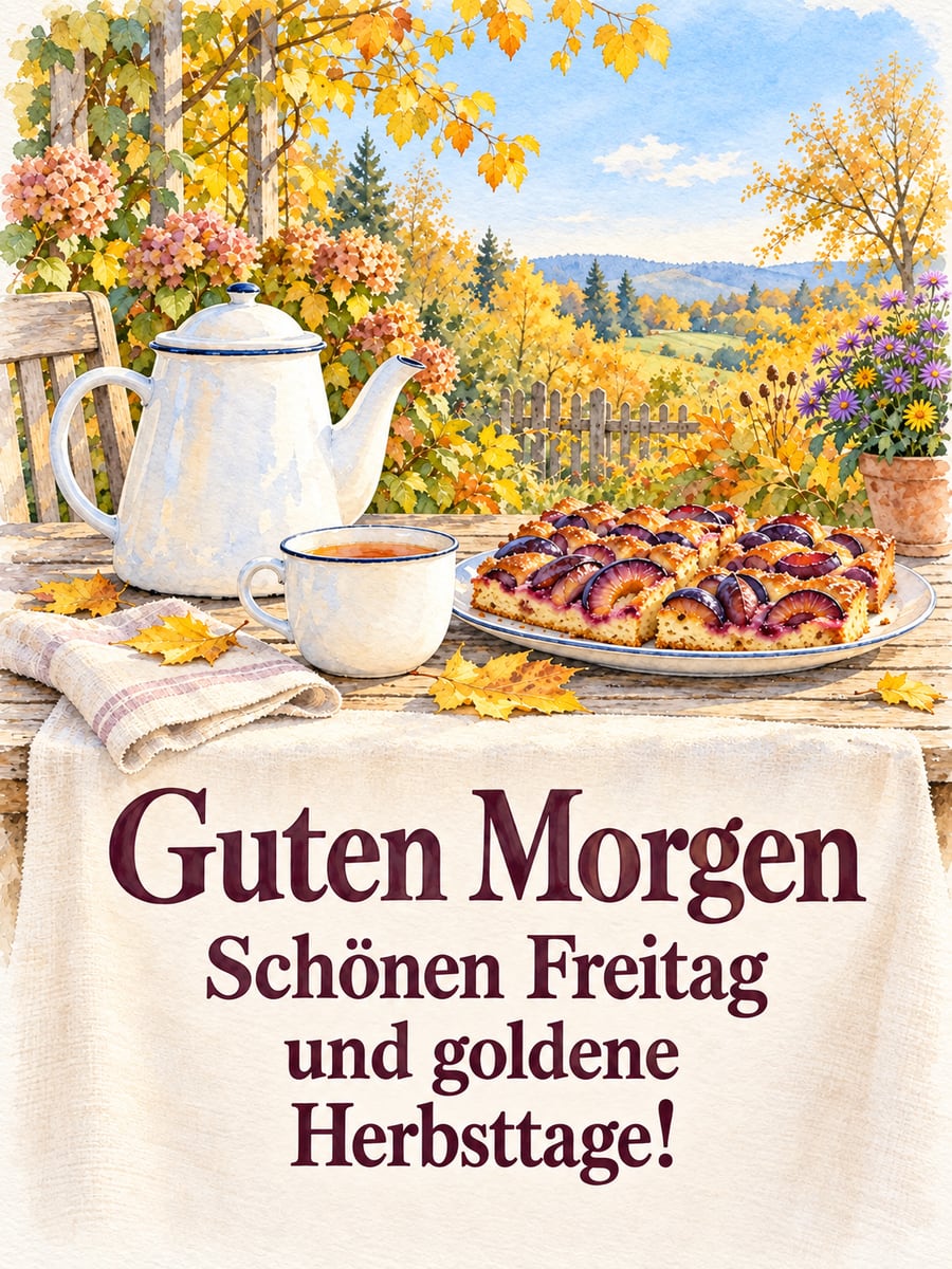 Guten-Morgen-Bild zum Freitag mit dem Text „Guten Morgen“ und „Schönen Freitag und goldene Herbsttage!“ – Motiv: Zwetschgenkuchen, Tee, Gartentisch, Herbstlaub