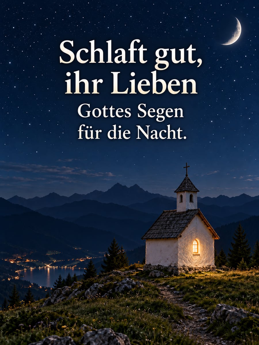 Gute-Nacht-Bild mit dem Text „Schlaft gut, ihr Lieben“ und „Gottes Segen für die Nacht.“ – Motiv: Bergkapelle, Sterne, Alpen, Segen