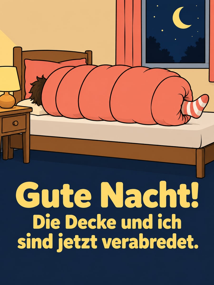 Gute-Nacht-Bild mit dem Text „Gute Nacht!“ und „Die Decke und ich sind jetzt verabredet.“ – Motiv: Bettdecke, Bett, Mondsichel