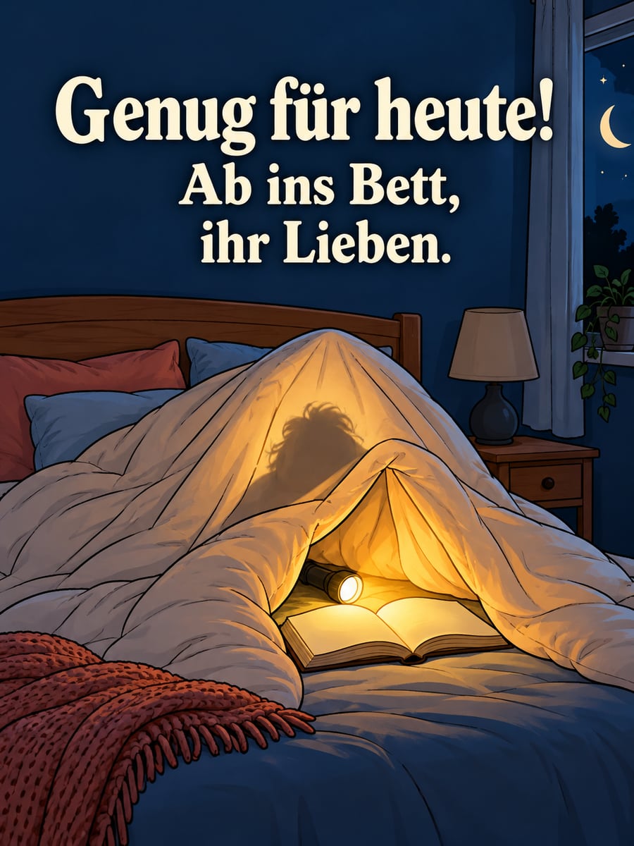 Gute-Nacht-Bild mit dem Text „Genug für heute!“ und „Ab ins Bett, ihr Lieben.“ – Motiv: Bettdecke, Taschenlampe, Buch, Lesen