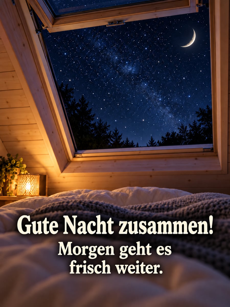 Gute-Nacht-Bild mit dem Text „Gute Nacht zusammen!“ und „Morgen geht es frisch weiter.“ – Motiv: Dachfenster, Sternenhimmel, Mondsichel, Dachboden