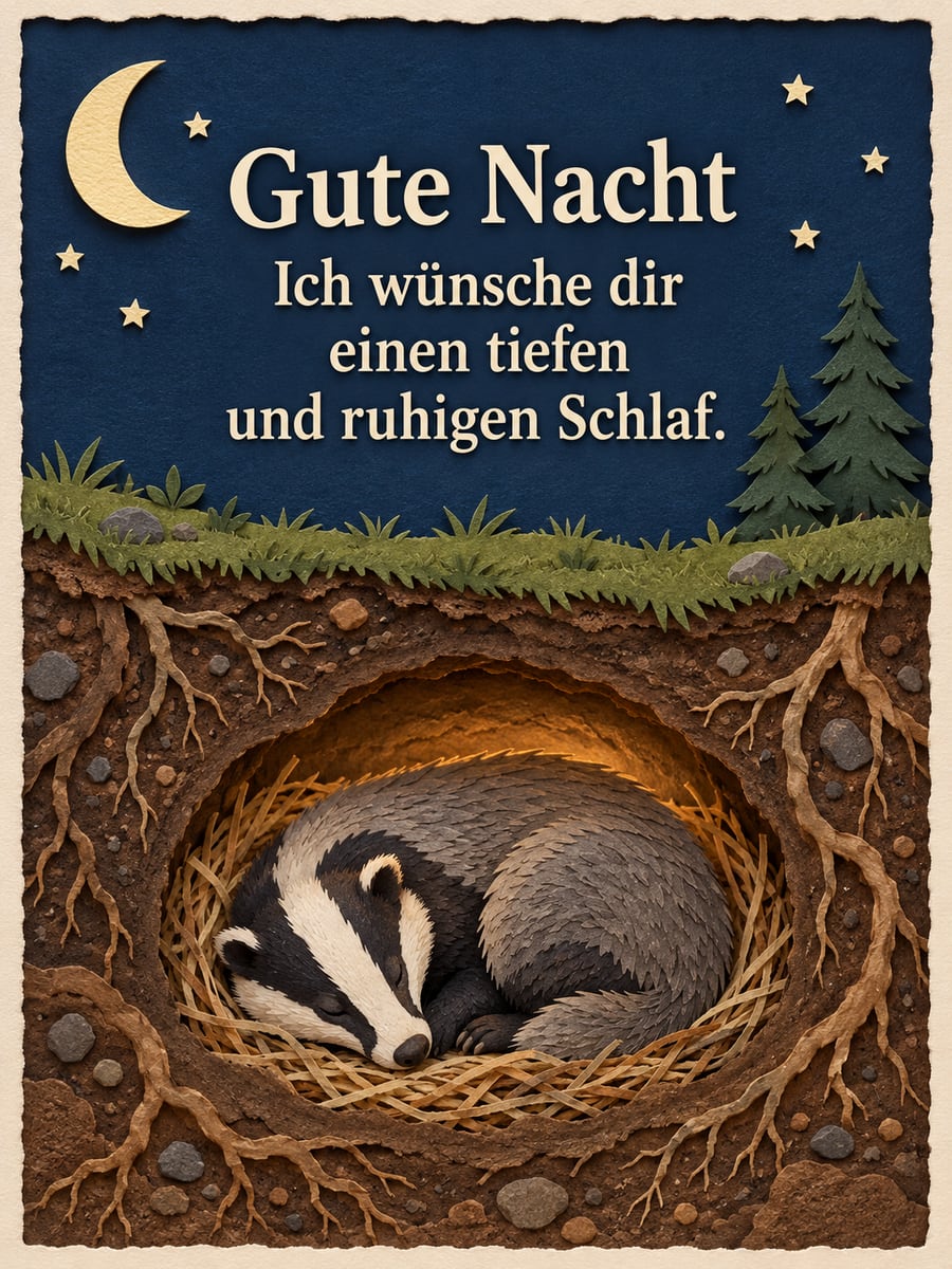 Gute-Nacht-Bild mit dem Text „Gute Nacht“ und „Ich wünsche dir einen tiefen und ruhigen Schlaf.“ – Motiv: Dachs, Bau, Mondsichel