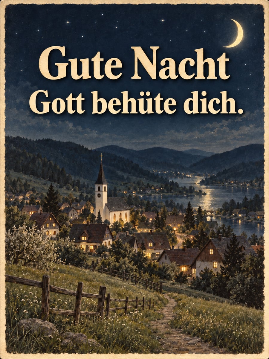 Gute-Nacht-Bild mit dem Text „Gute Nacht“ und „Gott behüte dich.“ – Motiv: Dorf, Kirche, Mondsichel, Segen