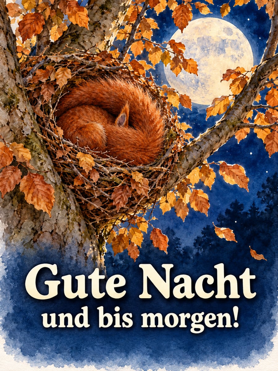 Gute-Nacht-Bild mit dem Text „Gute Nacht und bis morgen!“ – Motiv: Eichhörnchen, Kobel, Buche, Mond