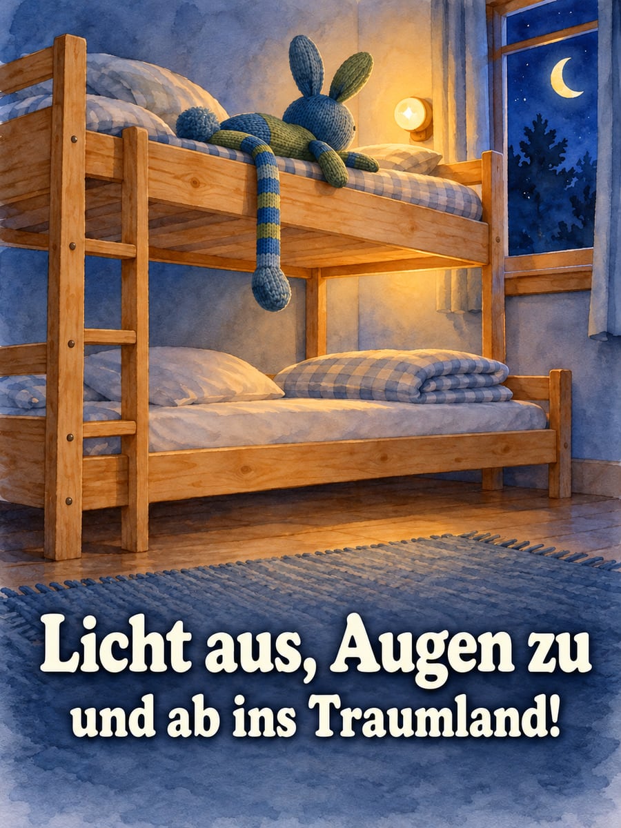 Gute-Nacht-Bild mit dem Text „Licht aus, Augen zu und ab ins Traumland!“ – Motiv: Etagenbett, Kuscheltier, Nachtlicht, Traumland