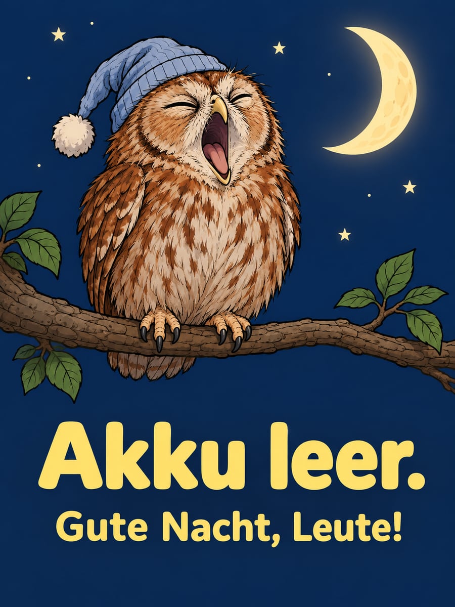 Gute-Nacht-Bild mit dem Text „Akku leer.“ und „Gute Nacht, Leute!“ – Motiv: Eule, Schlafmütze, Gähnen, Mondsichel