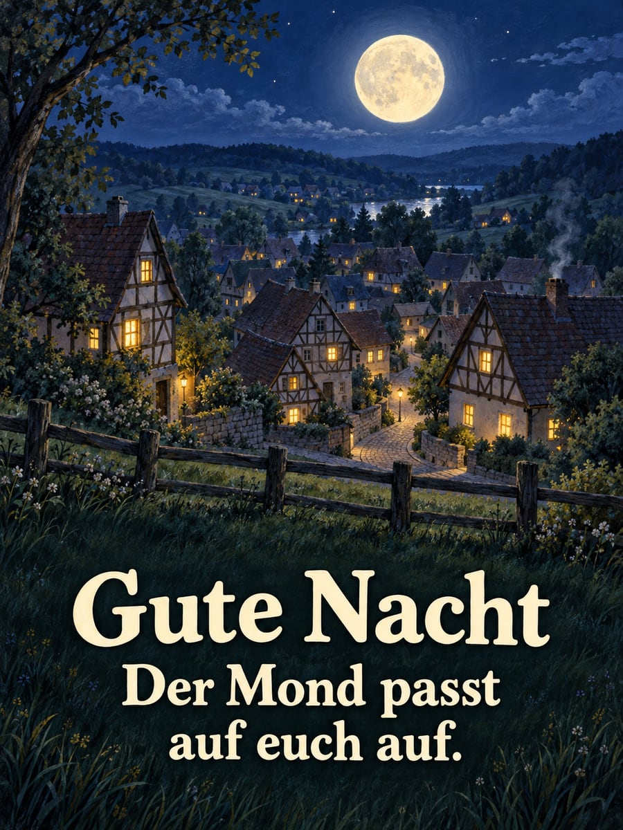 Gute-Nacht-Bild mit dem Text „Gute Nacht“ und „Der Mond passt auf euch auf.“ – Motiv: Vollmond, Fachwerkhäuser, Kleinstadt