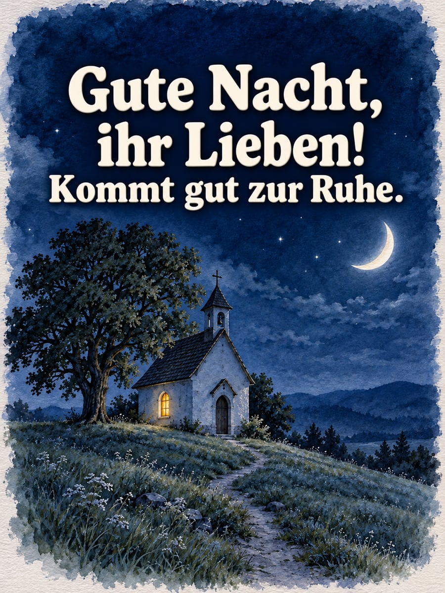 Gute-Nacht-Bild mit dem Text „Gute Nacht, ihr Lieben!“ und „Kommt gut zur Ruhe.“ – Motiv: Feldkapelle, Linde, Mondsichel, Wiese