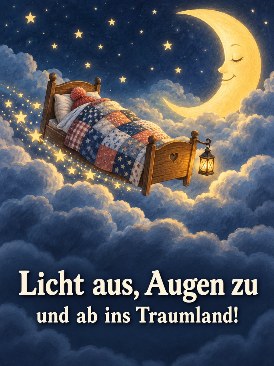 Gute-Nacht-Bild mit dem Text „Licht aus, Augen zu und ab ins Traumland!“ – Motiv: Bett, Wolken, Mondsichel, Traumland