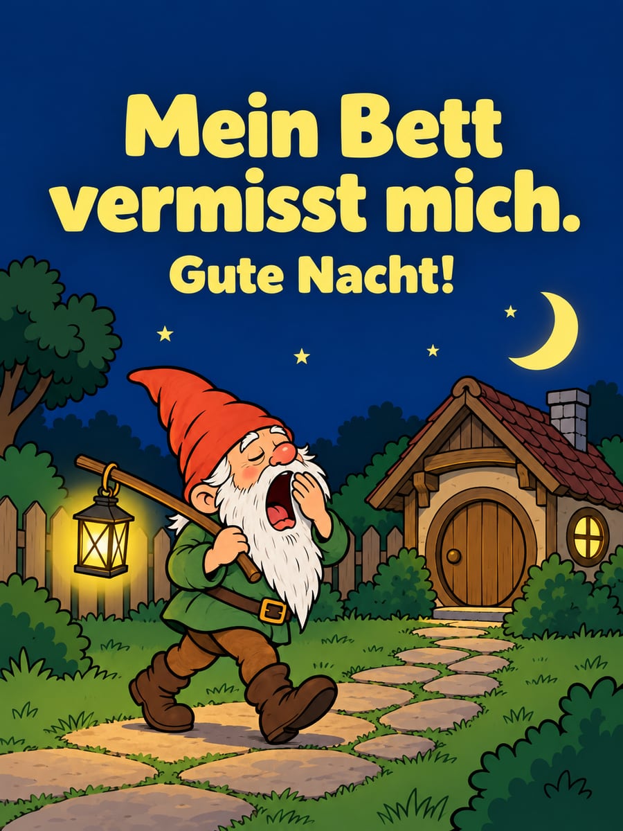 Gute-Nacht-Bild mit dem Text „Mein Bett vermisst mich.“ und „Gute Nacht!“ – Motiv: Gartenzwerg, Laterne, Garten