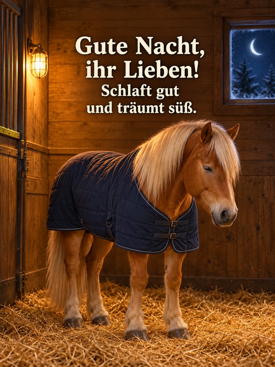 Gute-Nacht-Bild mit dem Text „Gute Nacht, ihr Lieben!“ und „Schlaft gut und träumt süß.“ – Motiv: Haflinger, Pferd, Stall, Pferdedecke