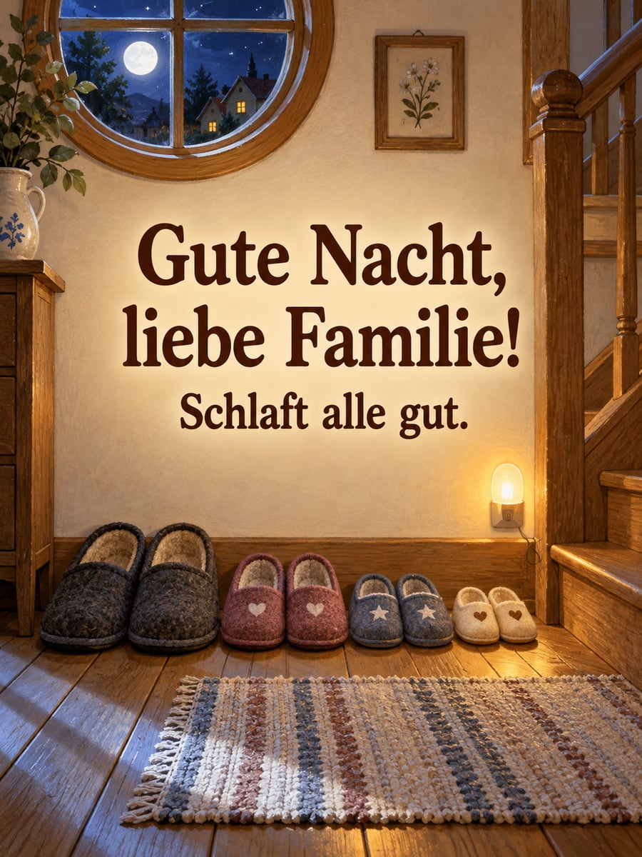 Gute-Nacht-Bild mit dem Text „Gute Nacht, liebe Familie!“ und „Schlaft alle gut.“ – Motiv: Hausschuhe, Familie, Treppe, Nachtlicht