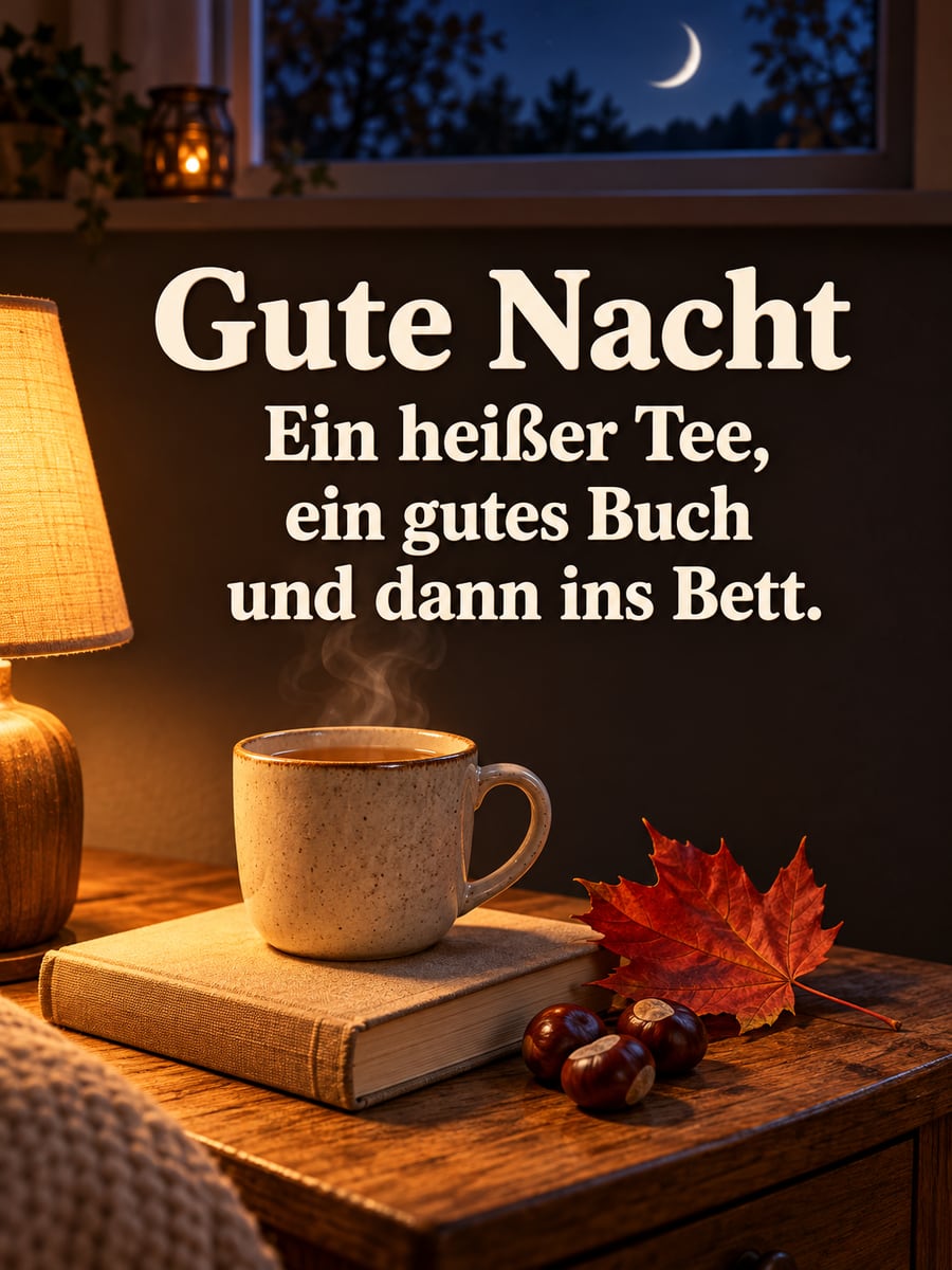 Gute-Nacht-Bild mit dem Text „Gute Nacht“ und „Ein heißer Tee, ein gutes Buch und dann ins Bett.“ – Motiv: Tee, Buch, Ahornblatt, Kastanien