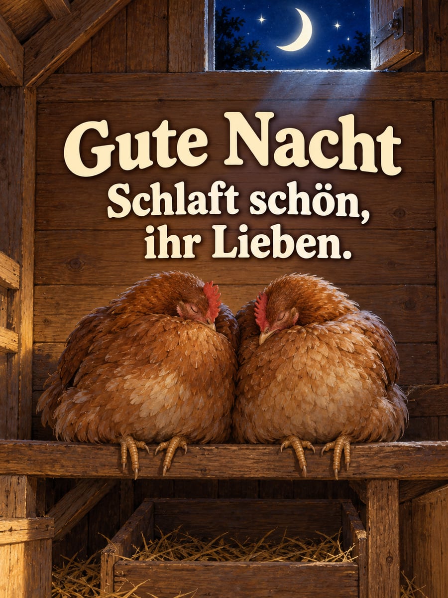 Gute-Nacht-Bild mit dem Text „Gute Nacht“ und „Schlaft schön, ihr Lieben.“ – Motiv: Hühner, Hühnerstall, Mondsichel