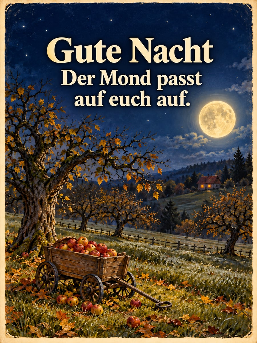 Gute-Nacht-Bild mit dem Text „Gute Nacht“ und „Der Mond passt auf euch auf.“ – Motiv: Streuobstwiese, Apfelbaum, Vollmond, Bollerwagen