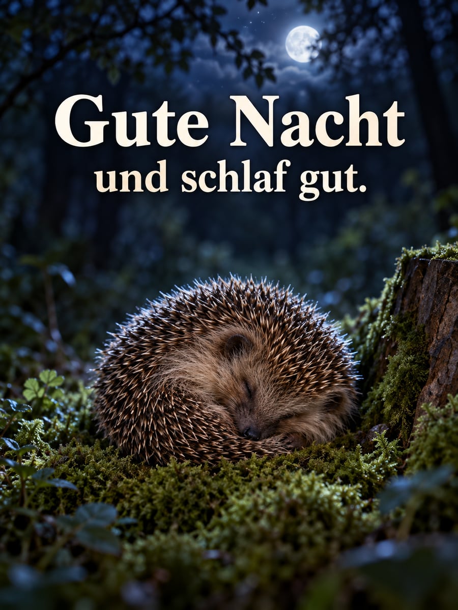 Gute-Nacht-Bild mit dem Text „Gute Nacht und schlaf gut.“ – Motiv: Igel, Moos, Mondlicht