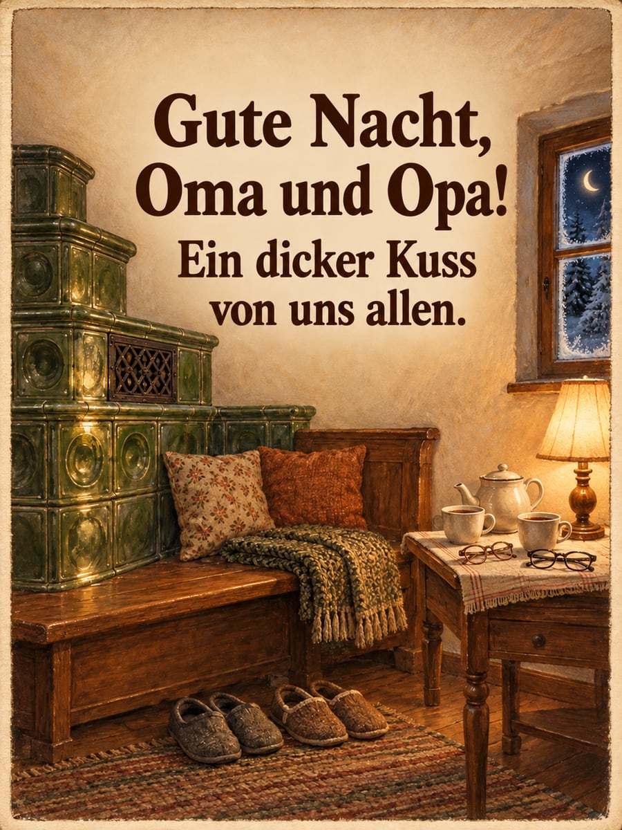 Gute-Nacht-Bild mit dem Text „Gute Nacht, Oma und Opa!“ und „Ein dicker Kuss von uns allen.“ – Motiv: Kachelofen, Oma und Opa, Hausschuhe, Eisblumen