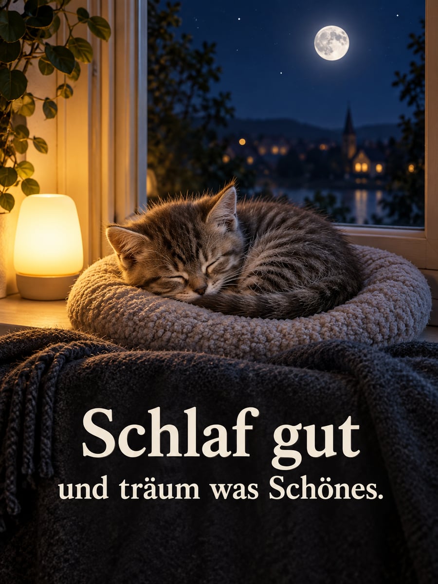 Gute-Nacht-Bild mit dem Text „Schlaf gut und träum was Schönes.“ – Motiv: Kätzchen, Fensterbank, Mond, Nachtlicht