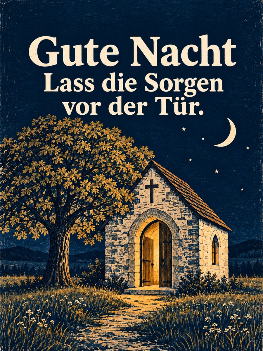 Gute-Nacht-Bild mit dem Text „Gute Nacht“ und „Lass die Sorgen vor der Tür.“ – Motiv: Kapelle, Tür, Licht, Mondsichel