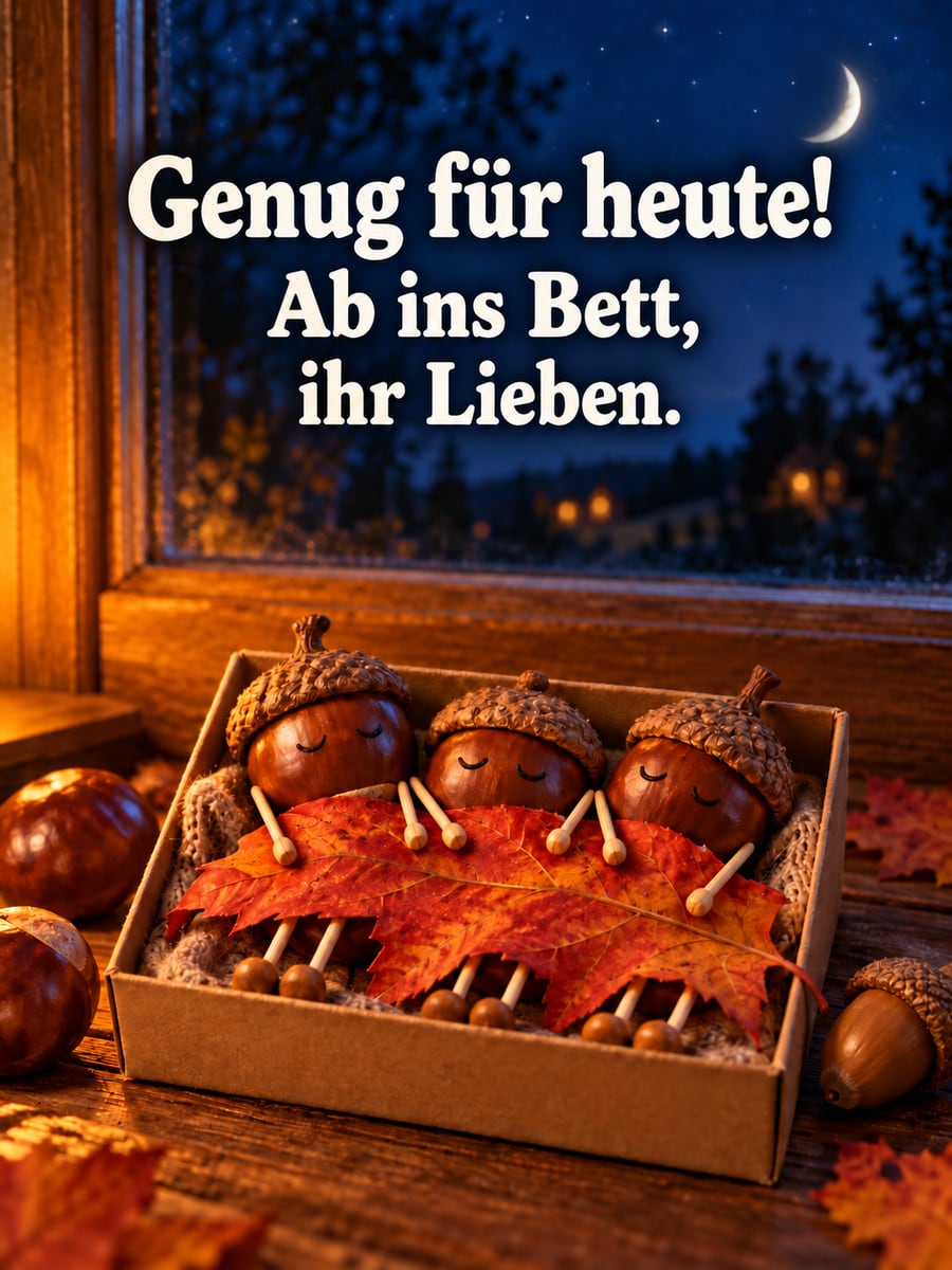 Gute-Nacht-Bild mit dem Text „Genug für heute!“ und „Ab ins Bett, ihr Lieben.“ – Motiv: Kastanienmännchen, Streichholzschachtel, Ahornblatt, Mondsichel