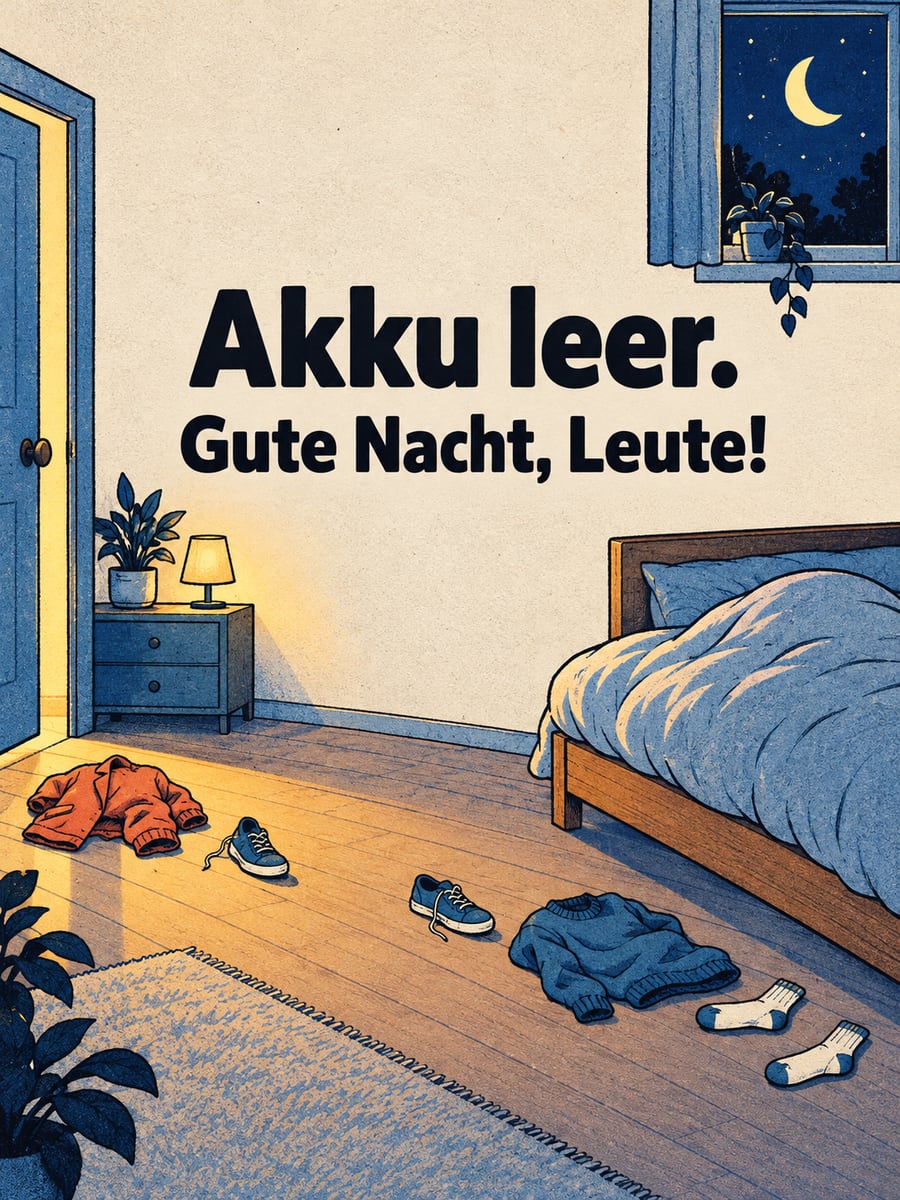 Gute-Nacht-Bild mit dem Text „Akku leer.“ und „Gute Nacht, Leute!“ – Motiv: Kleider, Bett, Bettdecke, Müdigkeit