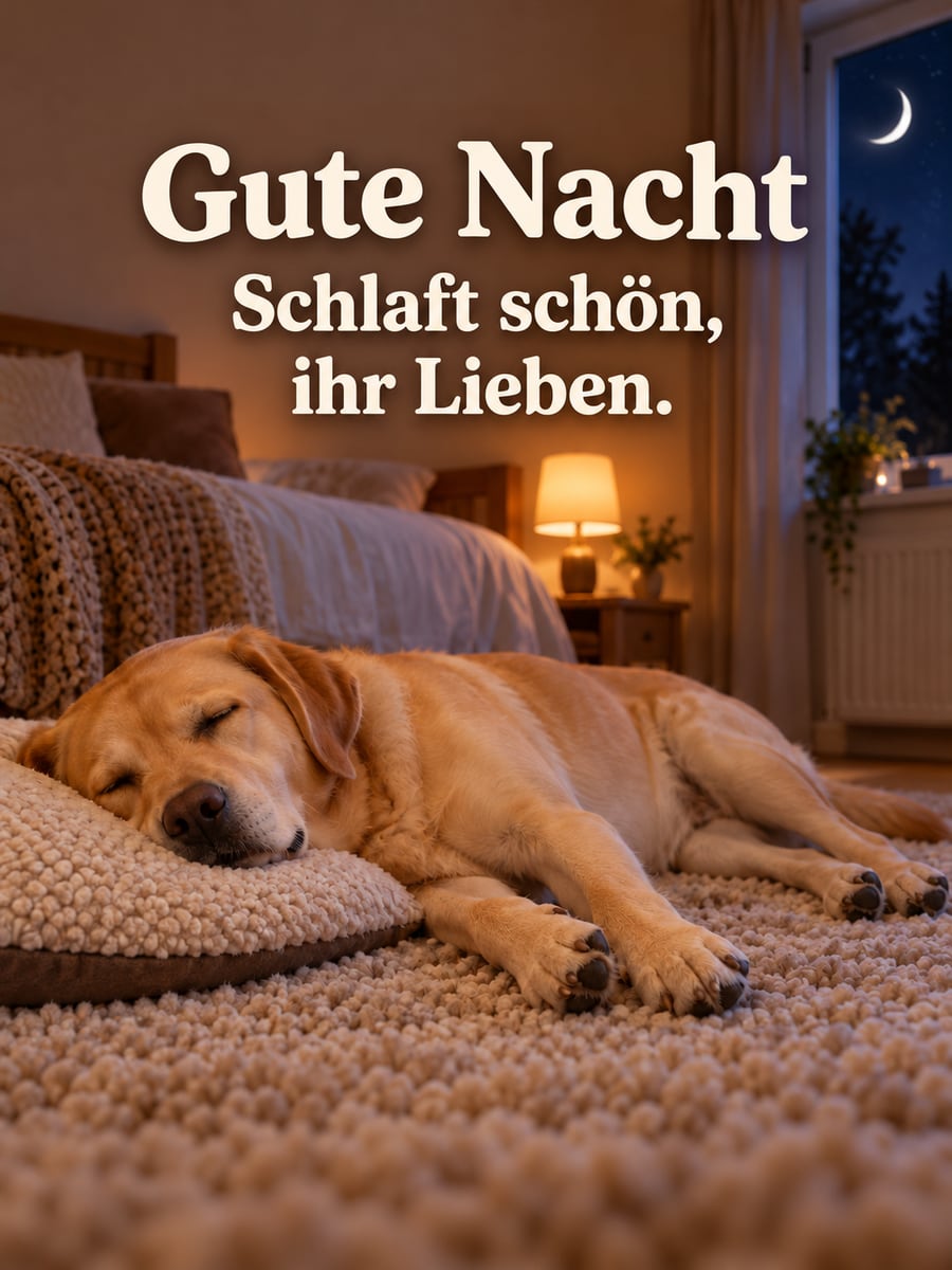 Gute-Nacht-Bild mit dem Text „Gute Nacht“ und „Schlaft schön, ihr Lieben.“ – Motiv: Labrador, Hund, Nachttischlampe