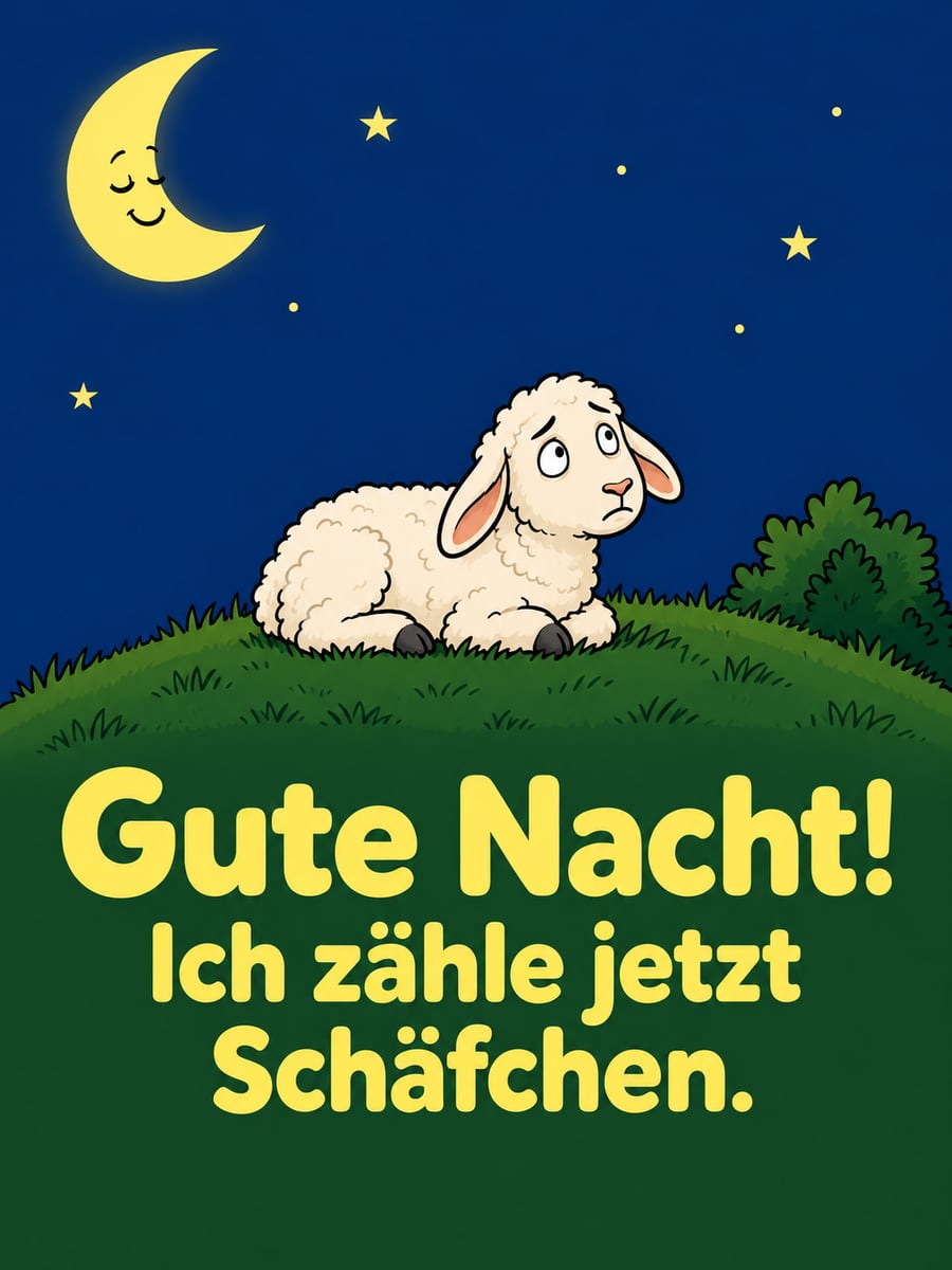 Gute-Nacht-Bild mit dem Text „Gute Nacht!“ und „Ich zähle jetzt Schäfchen.“ – Motiv: Lamm, Schäfchenzählen, Mondsichel