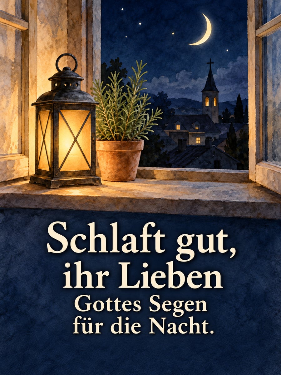 Gute-Nacht-Bild mit dem Text „Schlaft gut, ihr Lieben“ und „Gottes Segen für die Nacht.“ – Motiv: Laterne, Kirchturm, Rosmarin, Segen