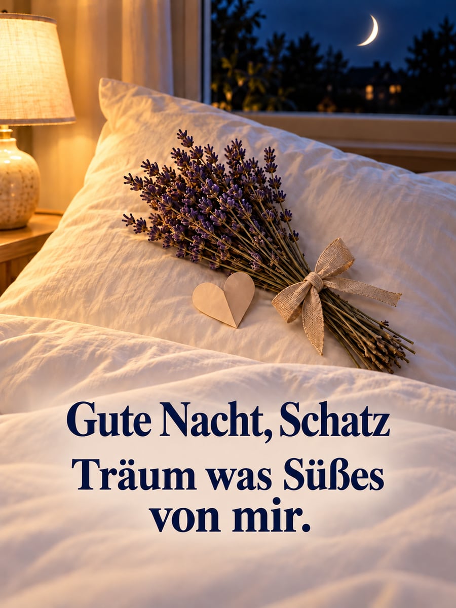 Gute-Nacht-Bild mit dem Text „Gute Nacht, Schatz“ und „Träum was Süßes von mir.“ – Motiv: Lavendel, Kopfkissen, Herz, Mein Schatz