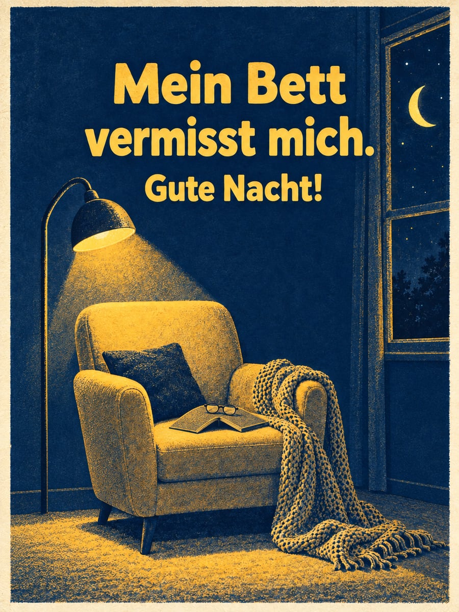 Gute-Nacht-Bild mit dem Text „Mein Bett vermisst mich.“ und „Gute Nacht!“ – Motiv: Lesesessel, Buch, Leselampe