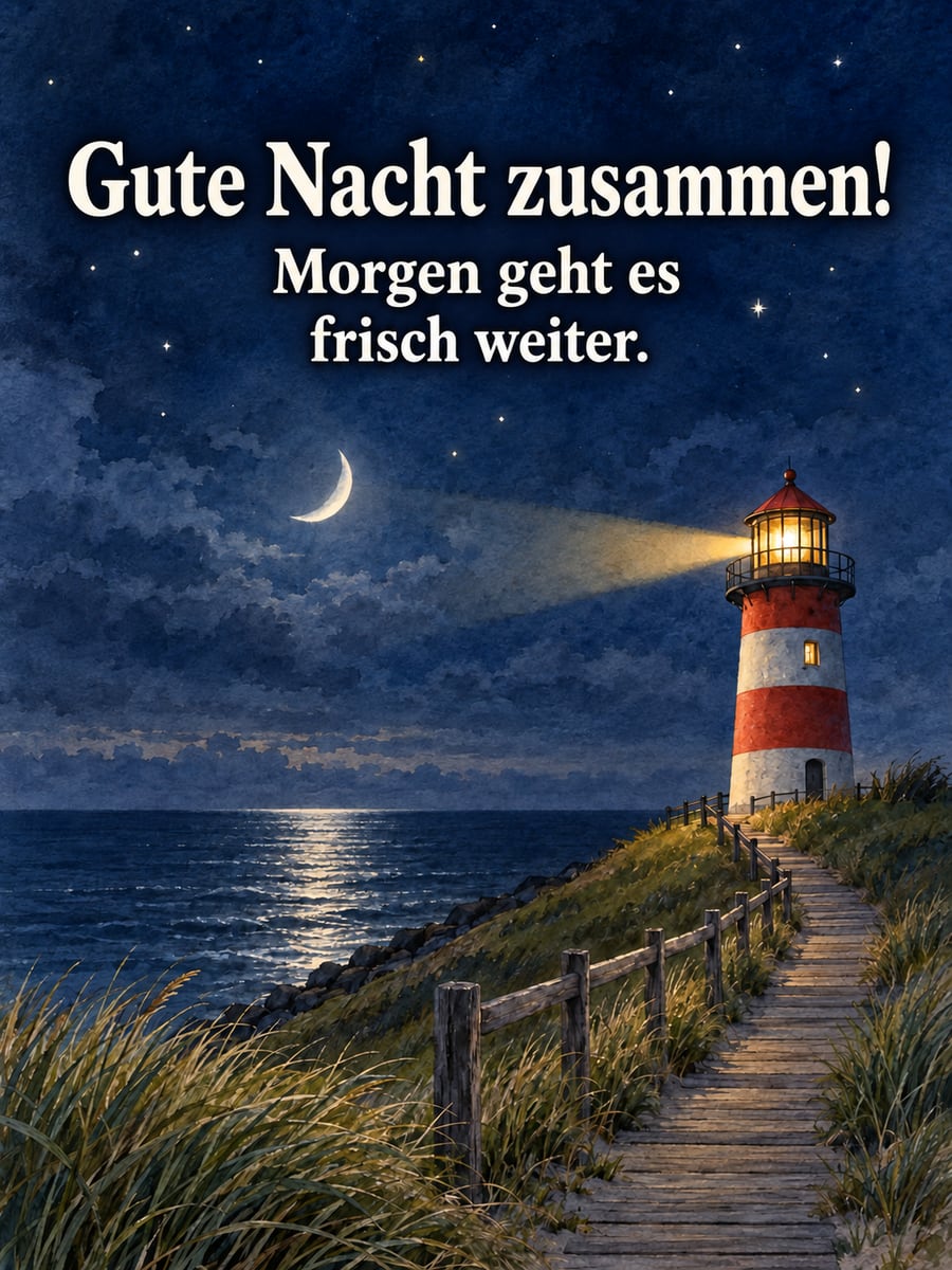 Gute-Nacht-Bild mit dem Text „Gute Nacht zusammen!“ und „Morgen geht es frisch weiter.“ – Motiv: Leuchtturm, Deich, Mondsichel, Nordsee