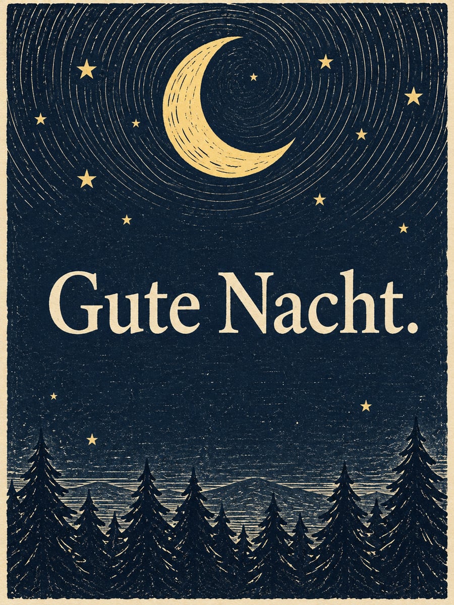 Gute-Nacht-Bild mit dem Text „Gute Nacht.“ – Motiv: Mondsichel, Tannen, Sterne