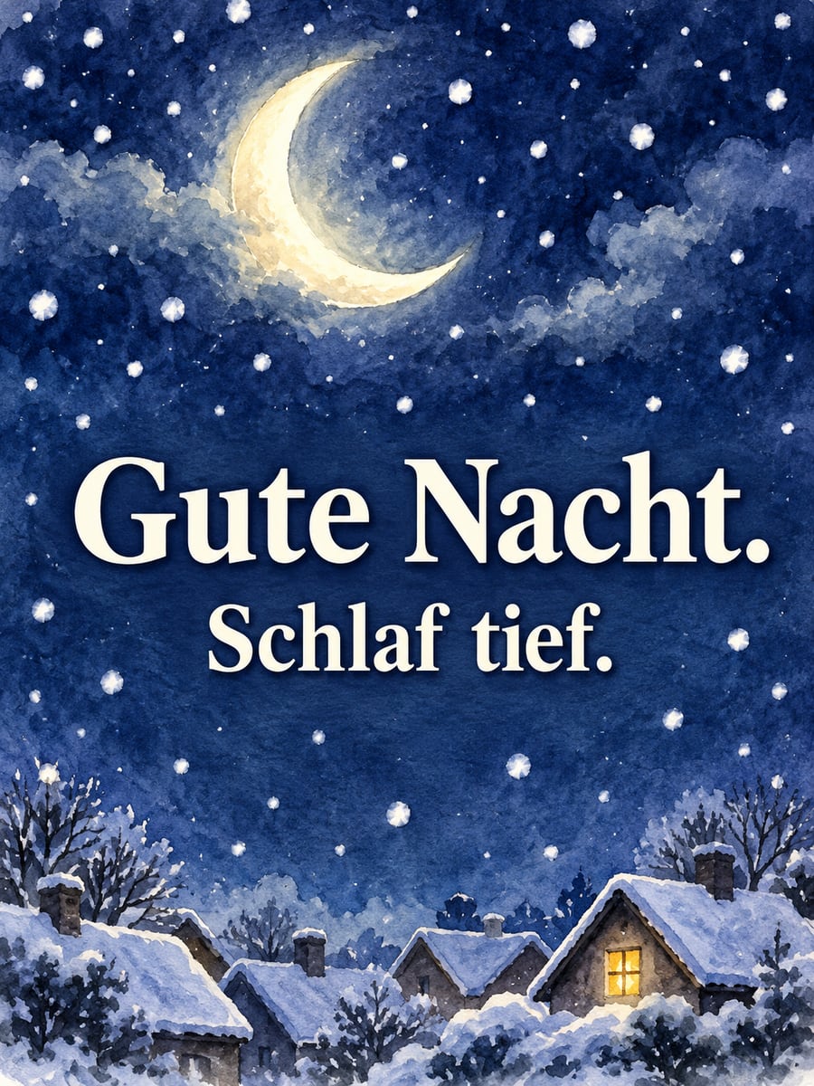 Gute-Nacht-Bild mit dem Text „Gute Nacht.“ und „Schlaf tief.“ – Motiv: Mondsichel, Schneeflocken, Winternacht, Dächer