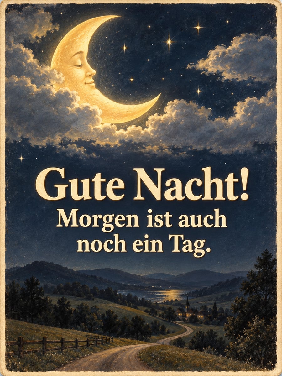 Gute-Nacht-Bild mit dem Text „Gute Nacht!“ und „Morgen ist auch noch ein Tag.“ – Motiv: Mondsichel, Wolken, Hügel