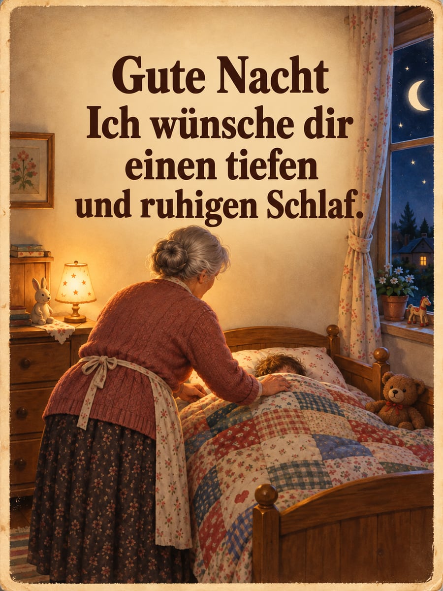 Gute-Nacht-Bild mit dem Text „Gute Nacht“ und „Ich wünsche dir einen tiefen und ruhigen Schlaf.“ – Motiv: Oma, Enkel, Bett, Nachtlicht