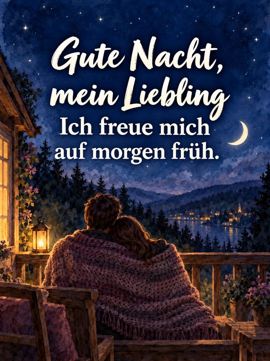 Gute-Nacht-Bild mit dem Text „Gute Nacht, mein Liebling“ und „Ich freue mich auf morgen früh.“ – Motiv: Paar, Balkon, Sterne, Mein Liebling