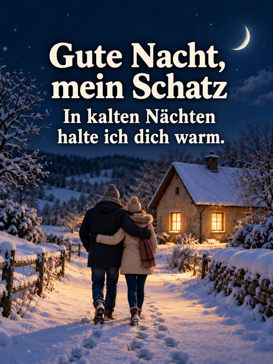 Gute-Nacht-Bild mit dem Text „Gute Nacht, mein Schatz“ und „In kalten Nächten halte ich dich warm.“ – Motiv: Paar, Schnee, Heimweg, Mein Schatz