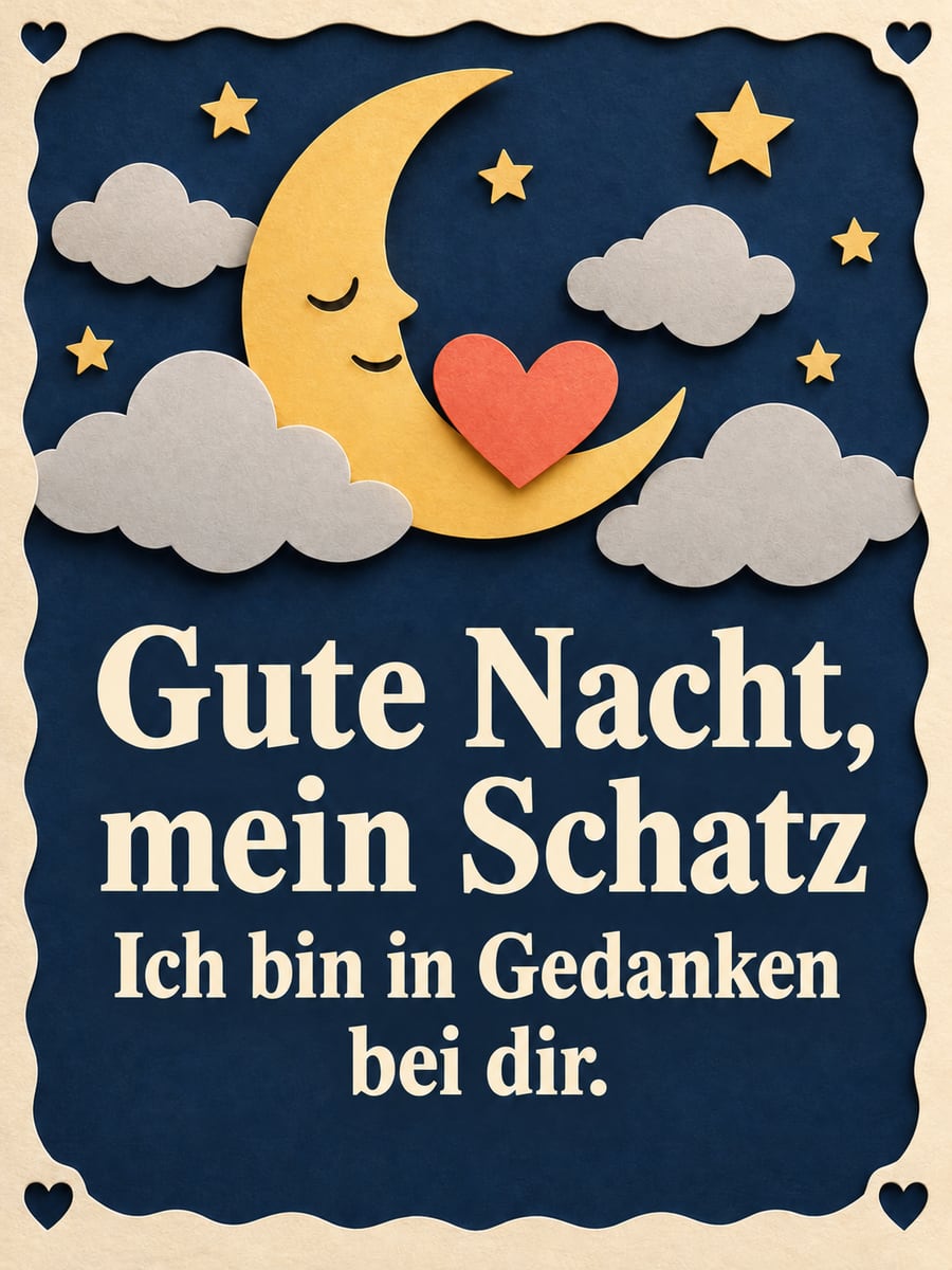 Gute-Nacht-Bild mit dem Text „Gute Nacht, mein Schatz“ und „Ich bin in Gedanken bei dir.“ – Motiv: Mondsichel, Herz, Mein Schatz
